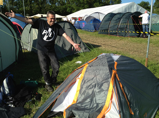 Day one. 1800 hours. PiL entertainment officer shows off PiL Official Glastonbury HQ...
